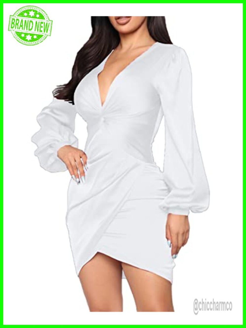 Womens Cocktail Ruffle Deep V Neck Bodycon Dress Knee Length